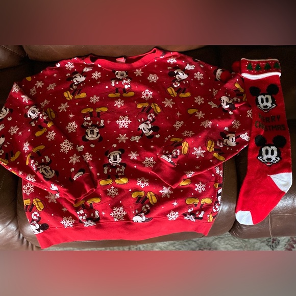 Mickey Mouse SET Unisex Juniors Printed Snowflake Holiday Sweatshirt & Stocking - Picture 3 of 8